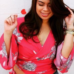 Red Floral Wrap Top with bell sleeves